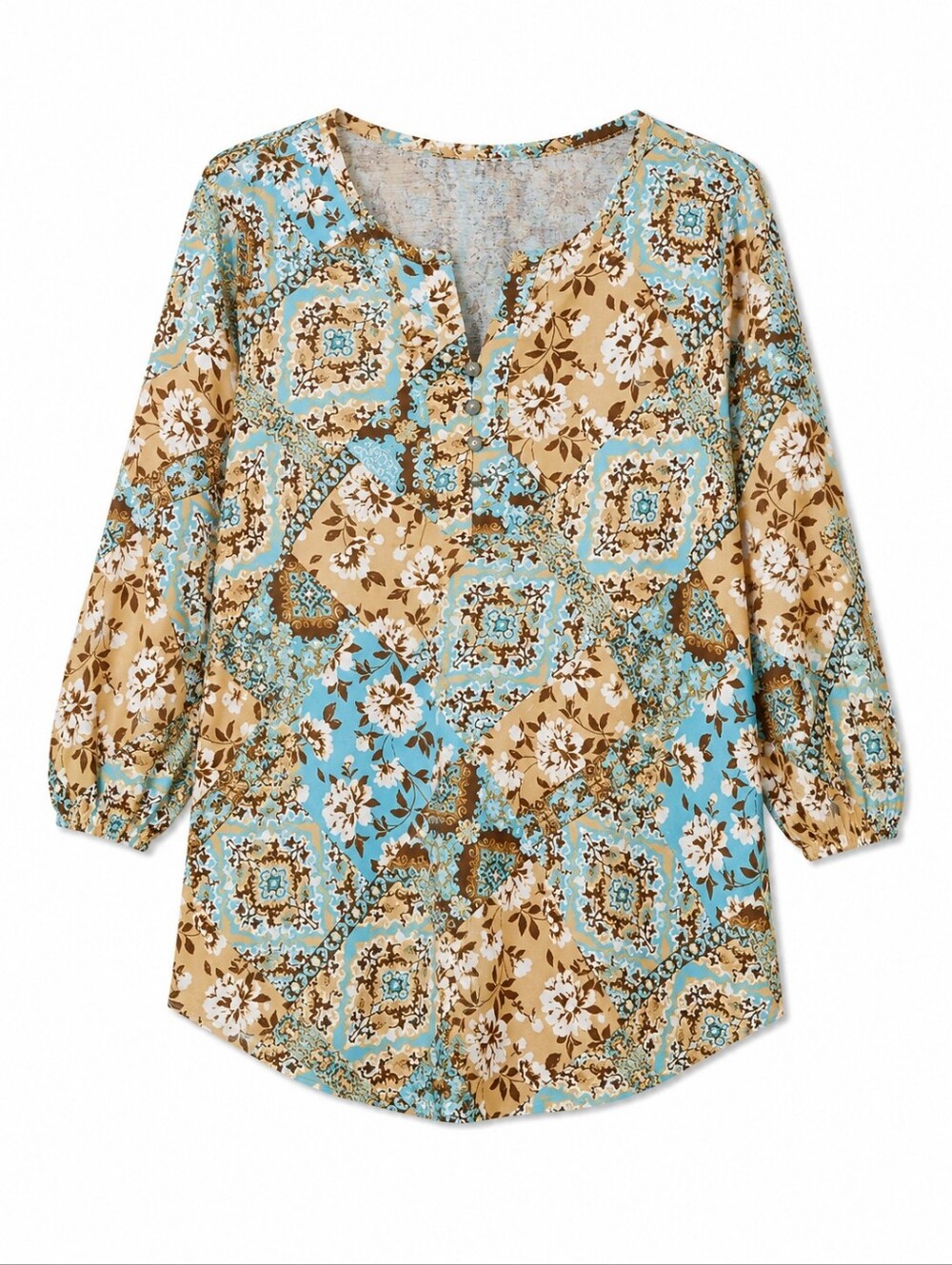 Links Beige Blue Light Brown Paisley Floral Printed Split Neck Blouse Size XL